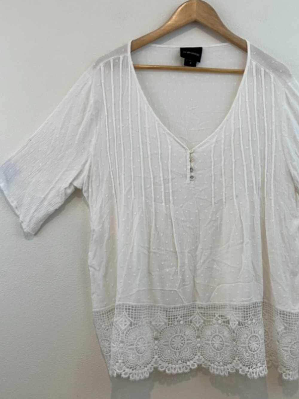 Sonia Rykiel White V-Neck Crochet Hem Tunic with Button Accents